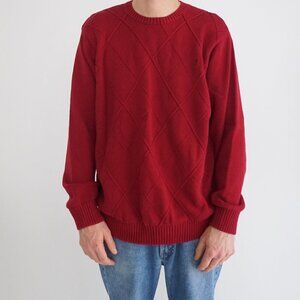 Vintage '90S Izod Maroon Red Argyle Fine 100% Cotton Knit Crewneck Sweater XL